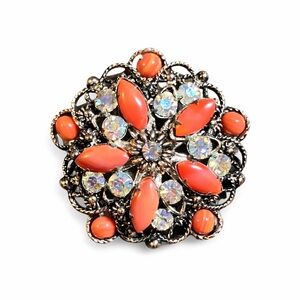 Vintage Faux Coral & Aurora Borealis Rhinestone Filigree Flower Dome Brooch